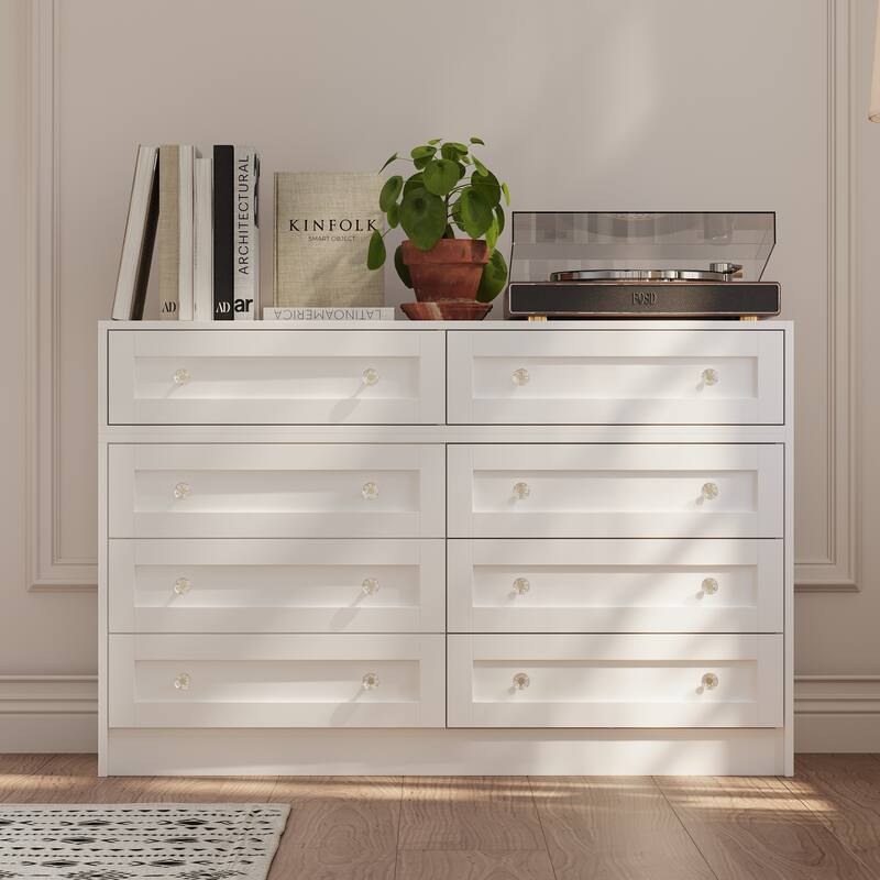 White Dresser & Vanity Combo Spacious Storage with Chic Crystal Knobs