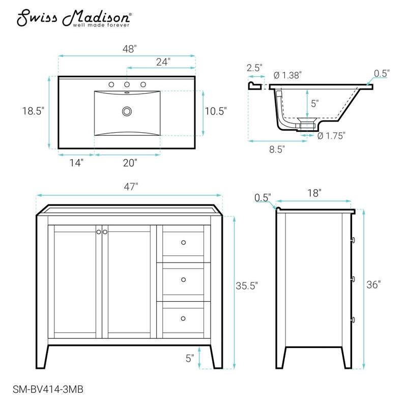 Swiss Madison SM-BV414-3MB Cannes 48" Free Standing Single Basin