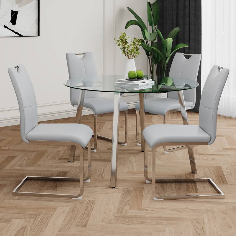 47.2" Round Glass Dining Table Set for 4, Modern 5-Piece Kitchen & Dining Table with 4 PU Chairs for Apartments, Kitchens