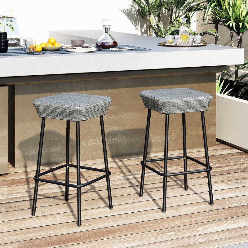 Mix Grey Rattan Metal Bar Stools Backless with Footrest Set of 2 - 16.5" L x 16.5" W x 29.5" H