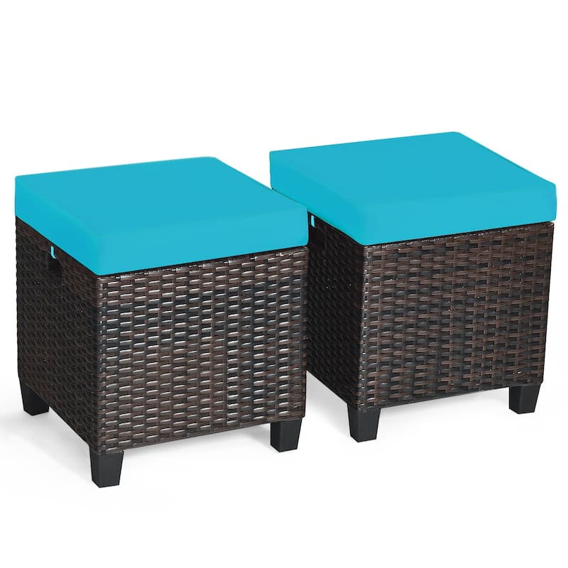 Outdoor Cushioned Rattan Wicker Ottomans (Set of 2) - Turquoise