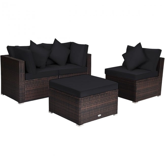 4 Pieces Patio Rattan Furniture Set with Removable Cushions and Pillows - Corner Sofa: 29" x 29" x 25" - Black