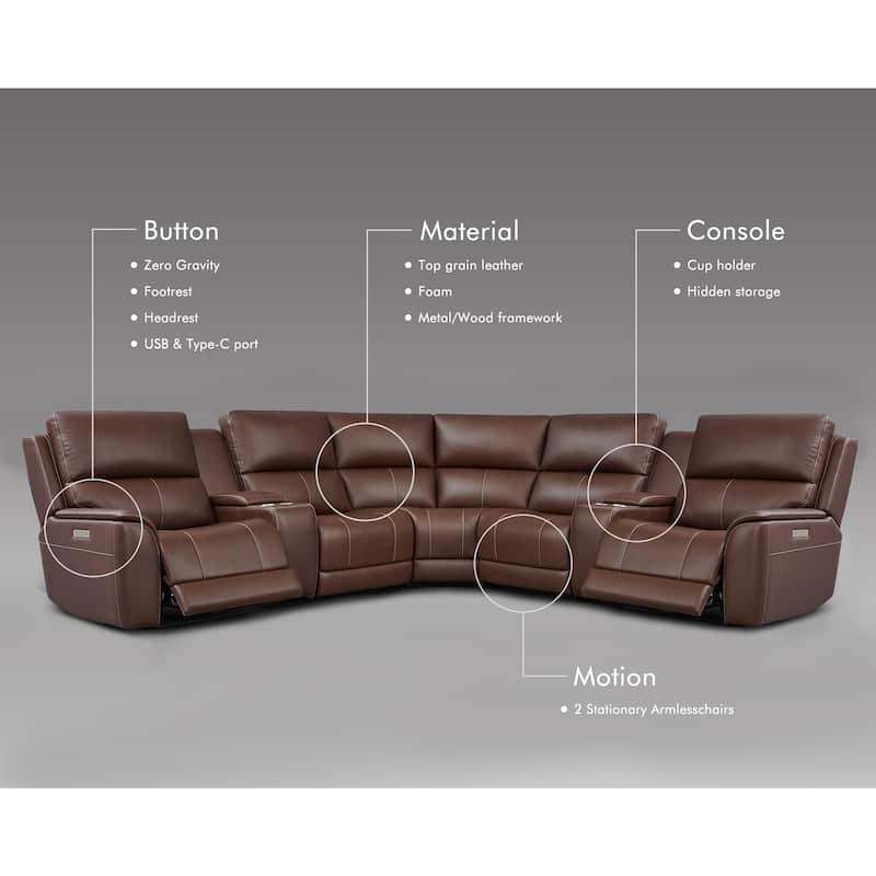 136''W 5 Seats Genuine Leather Power Reclining Double Width Brown Sectional Sofa with Zero Gravity and USB&Type-C Ports