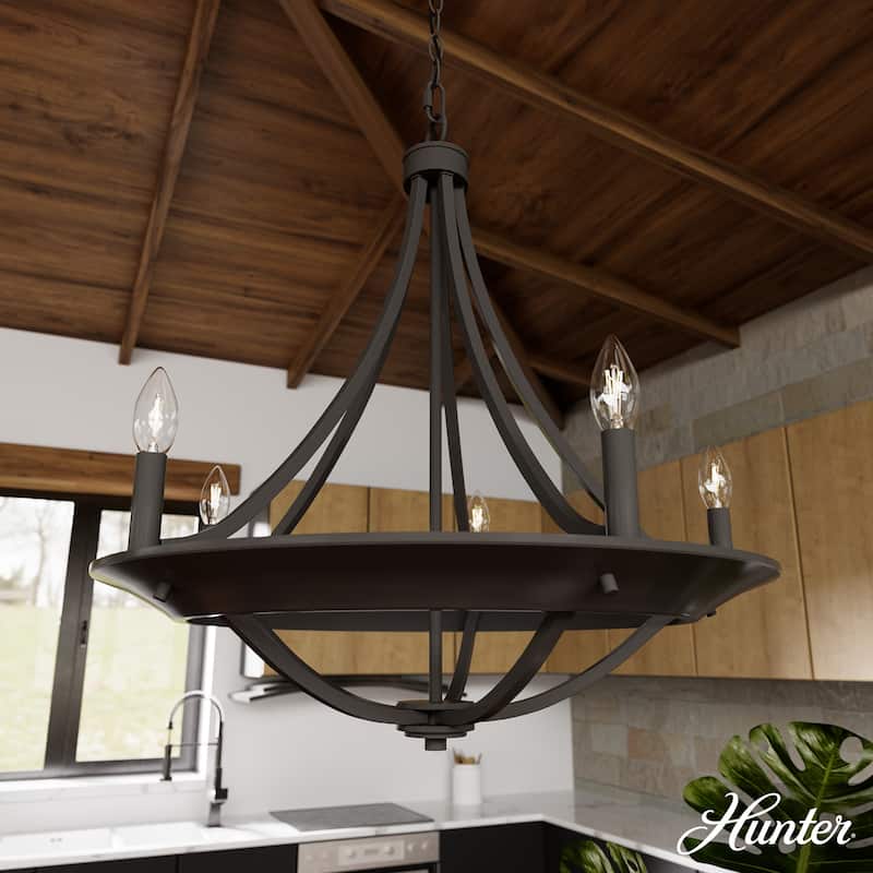 Hunter Perch Point Chandelier, Wheel, Candle, Dining Room, Entry, Modern Rustic, Industrial - 24" 5 Light - Noble Bronze