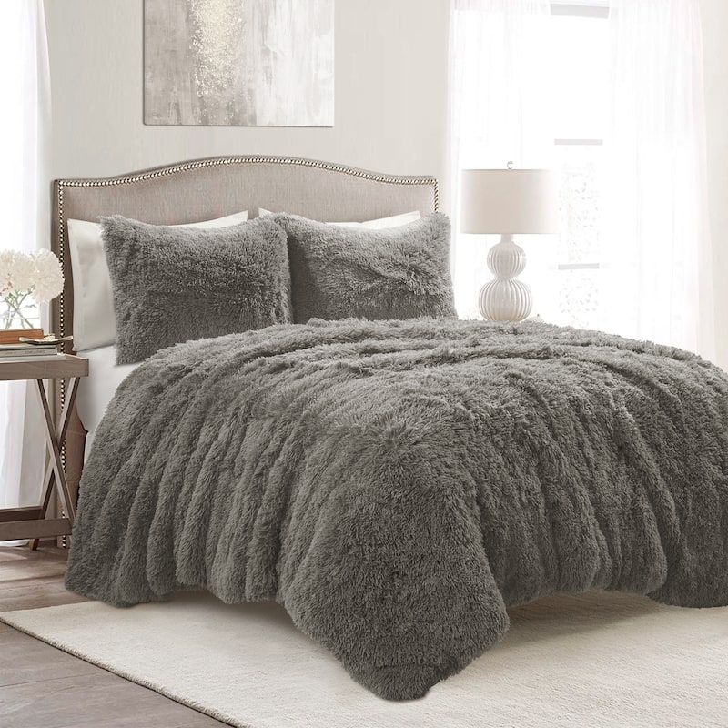Lush Decor Emma Faux Fur Comforter Set - Dark Gray - Full - Queen