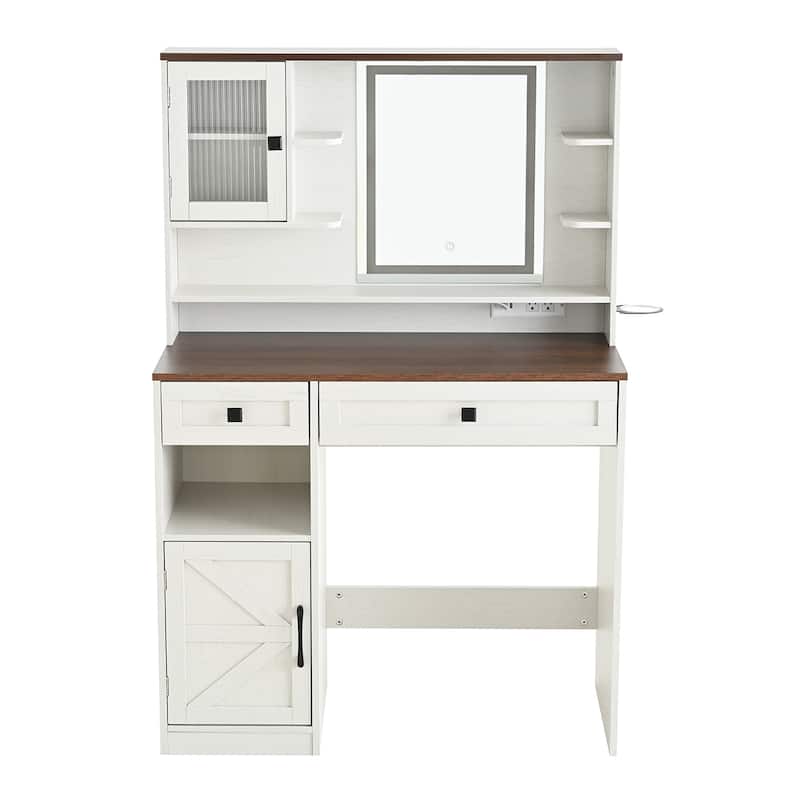 Rustic Makeup Vanity Desk with 3 Color Adjustable Touch Control Mirror, Built-in Power Outlets Dressing Table Set with Stool