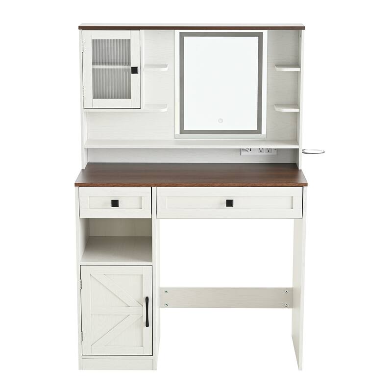 Vanity Desk with Touch Control Light Mirror, Dressing Table Set with Charging Station & Stool, Large Makeup Vanity Table