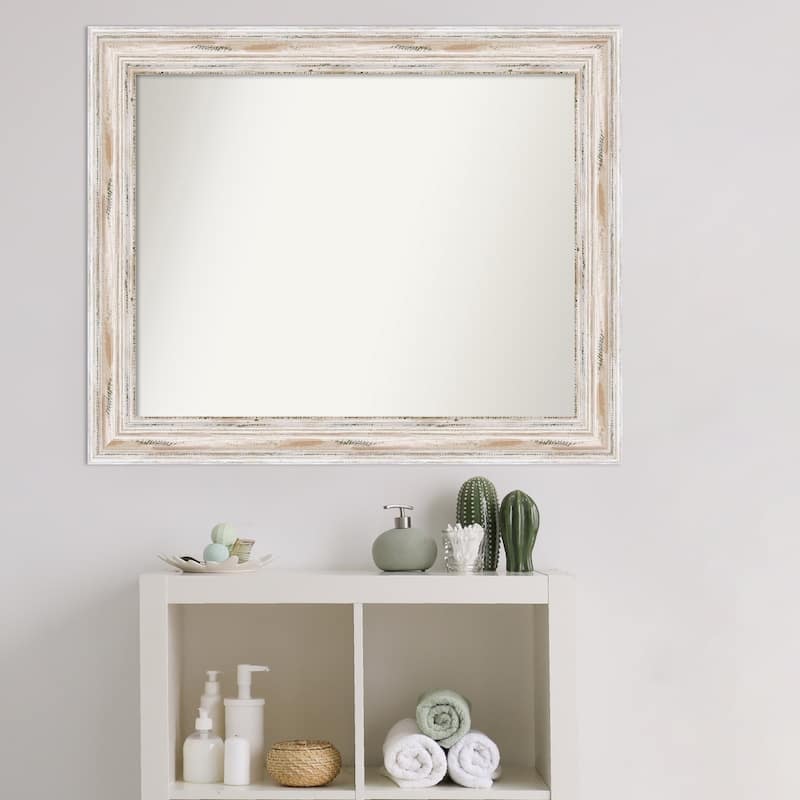 Non-Beveled Wood Bathroom Wall Mirror - Alexandria White Wash Frame ...