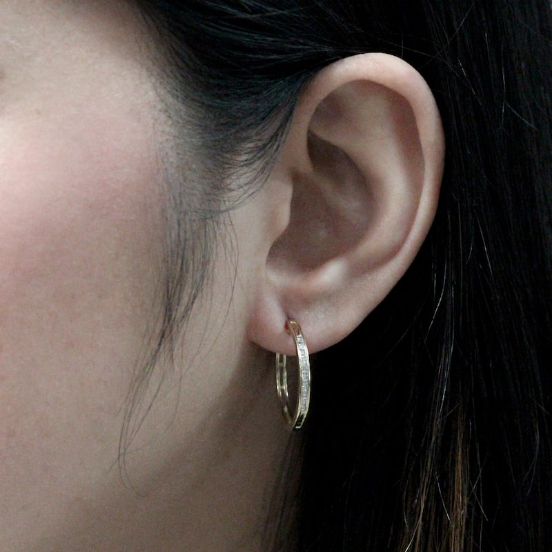 Auriya 1/8ctw Ultra-Petite Baguette Diamond Hoop Earrings 10K Gold - 0.44-inch (H-I, I1-I2)
