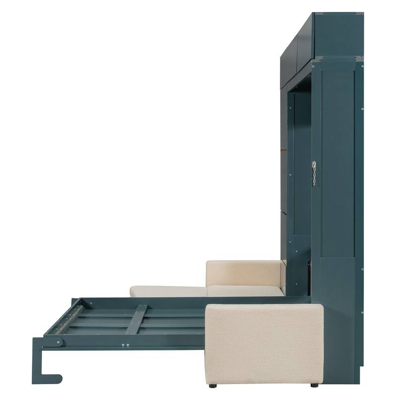 Queen Size Wall Bed with Sofa and Shelves, Green Panel, Beige Sofa