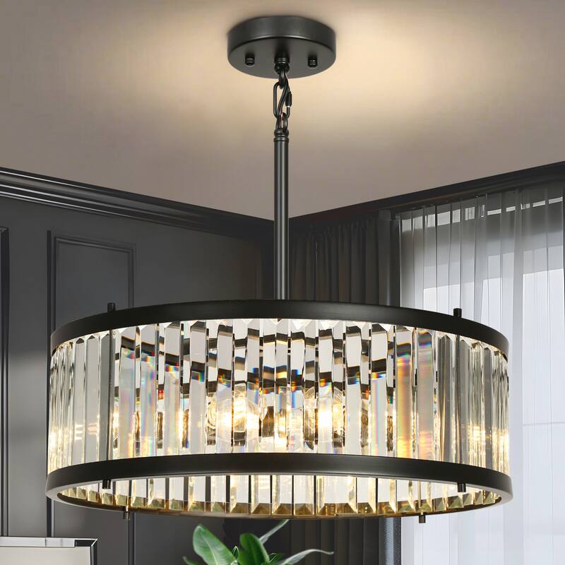 Modern Black 6-Light Crystal Drum Chandelier for Dining Room Kitchen Island - D 23.6" x H 72.9" Max