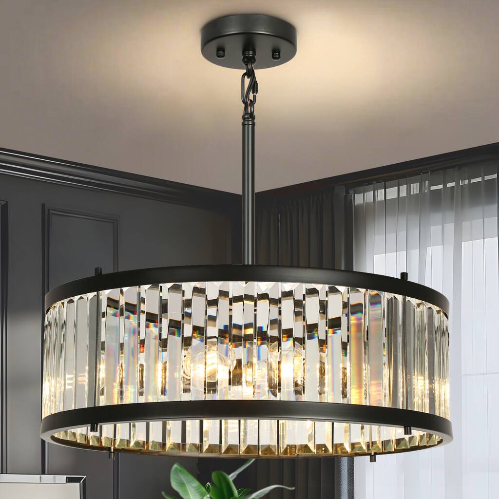 Modern Black 6-Light Crystal Drum Chandelier for Dining Room Kitchen Island - D 23.6" x H 72.9" Max