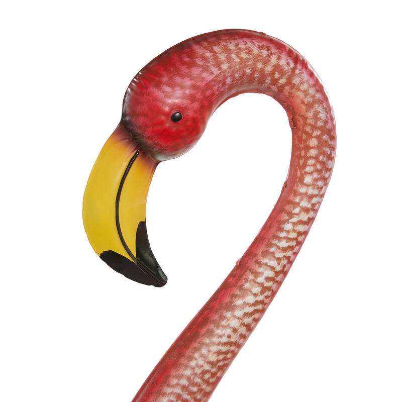 Pink Metal Indoor Outdoor Standing Flamingo Decorative Garden Sculpture with Yellow Accents and Coiled U Shaped Feet (Set of 2)