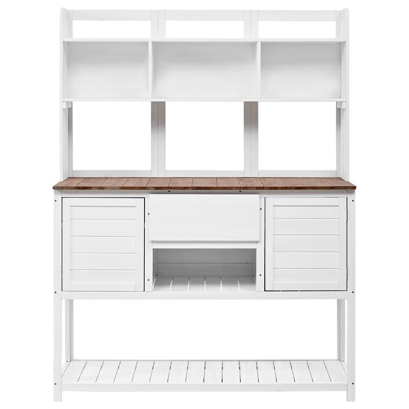 Solid Fir Wood Potting Bench Garden Workstation with Hutch, Drawer & Adjustable Shelves, Outdoor Garden Work Table - White