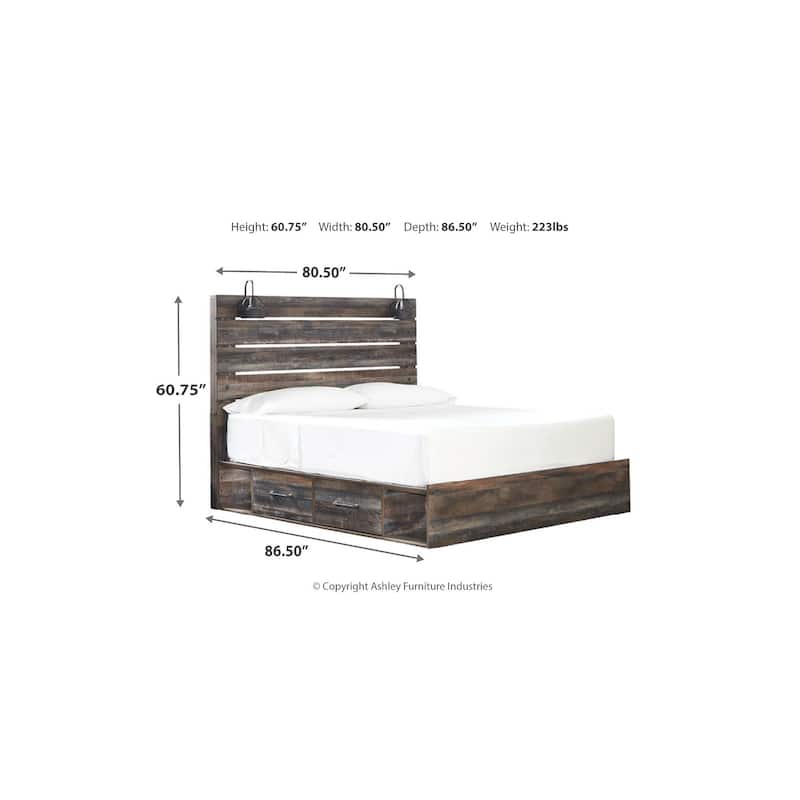 Drystan Rustic Brown Panel Bed with 2 Under Bed Storage Drawers