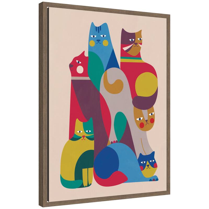 Kate and Laurel Abstract Retro Modern Cats 02 by Rachel Lee Framed Canvas Wall Art Print - 18 x 24 - Brown