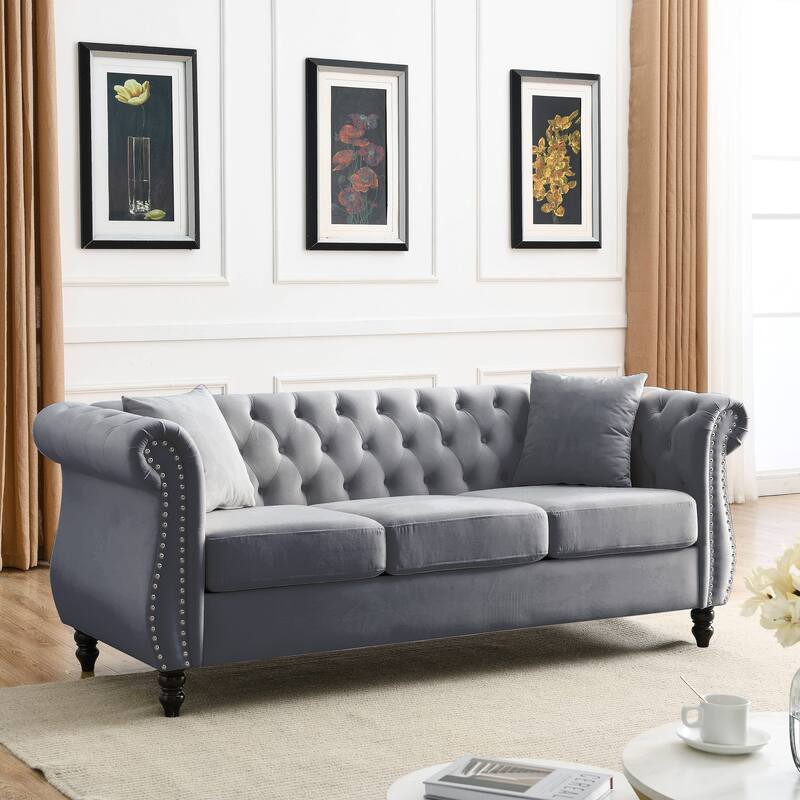 Chesterfield Black Velvet Sofa - 3-Seater Tufted Couch with Rolled Arms and Nailhead Trim, Includes Two Pillows for Living Room