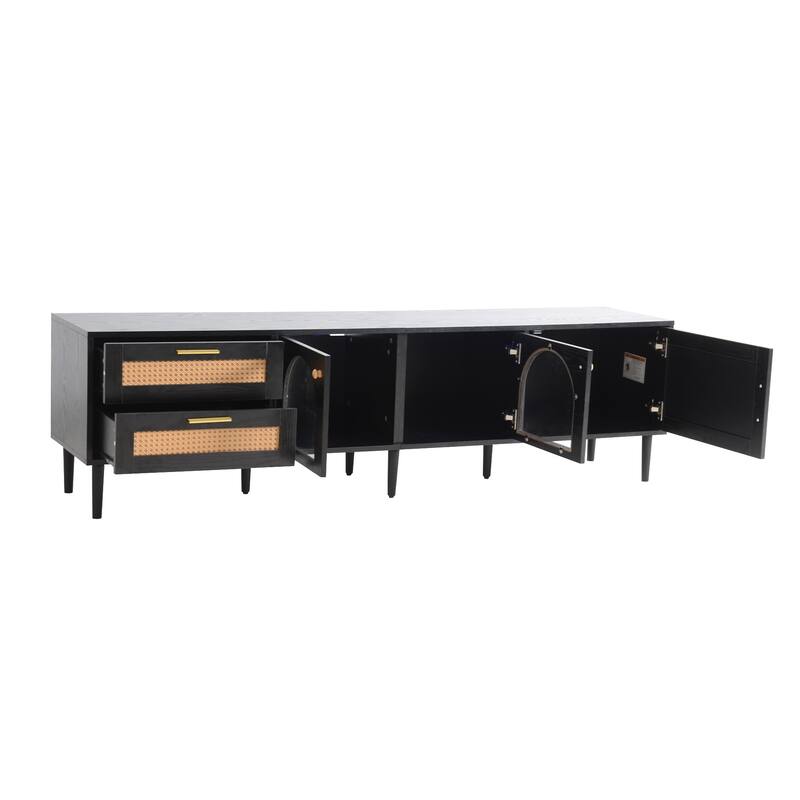 Modern Rattan TV Stand, Media Console, for TVs up to 80" with 3 Cabinets 2 Drawers and LED Lights, for Living Room, Bedroom