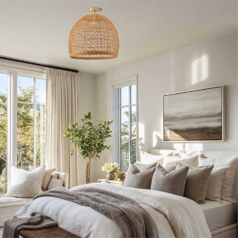 Lumiere Rattan Flush Mount - Rattan Natural Handwoven Ceiling Light for Hallway or Bedroom in Modern, Farmhouse, Boho Style