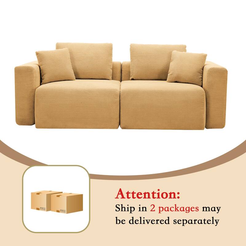 Corduroy Sectional Modular Sofa with Square Arms & Ottoman Extension for Flexible Arrangements