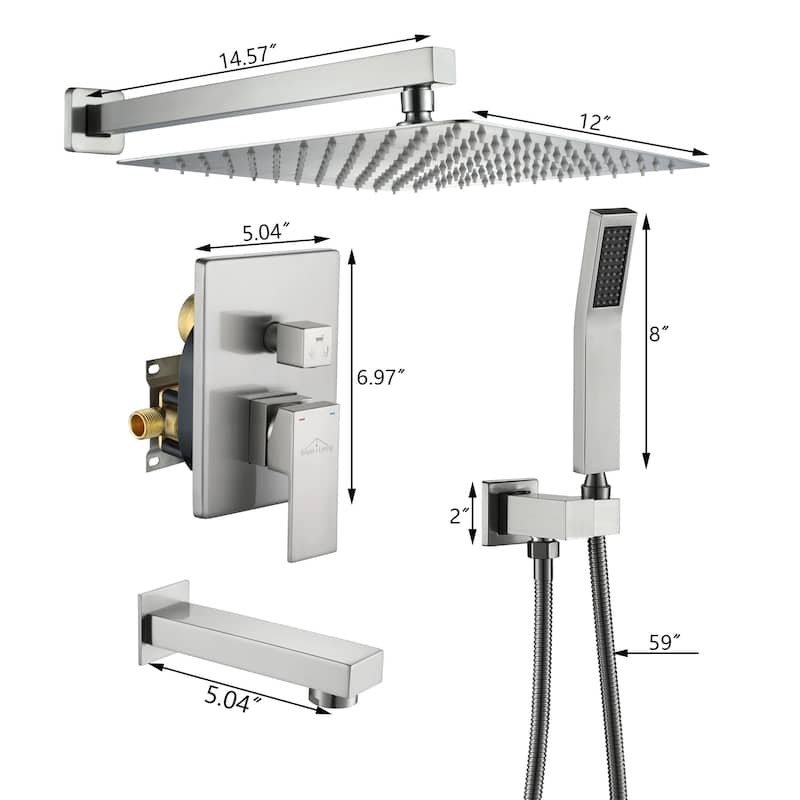 3-Function 12-In Wall Mounted Shower System with Tub Faucet