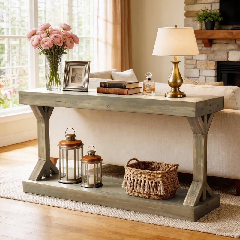 Solid Wood Console Table With Storage Shelf Farmhouse Wooden Entryway Sofa Table Behind Couch