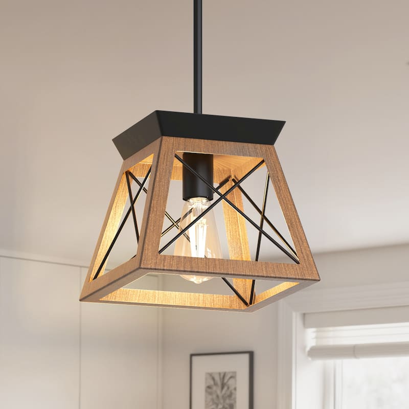 YANSUN Dark Wood Industrial Pendant Light with Iron Rods, Vintage Design