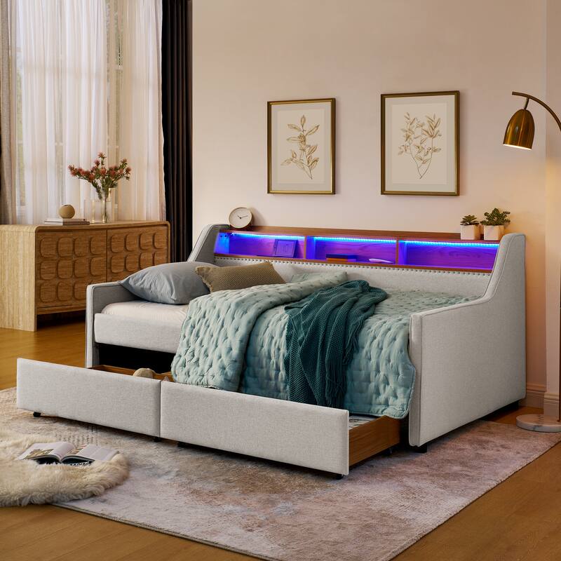 Beige Twin Size Upholstery Daybed with Three LED Lights,Storage Adjustable Headboard and Two Storage Pull Up Drawers