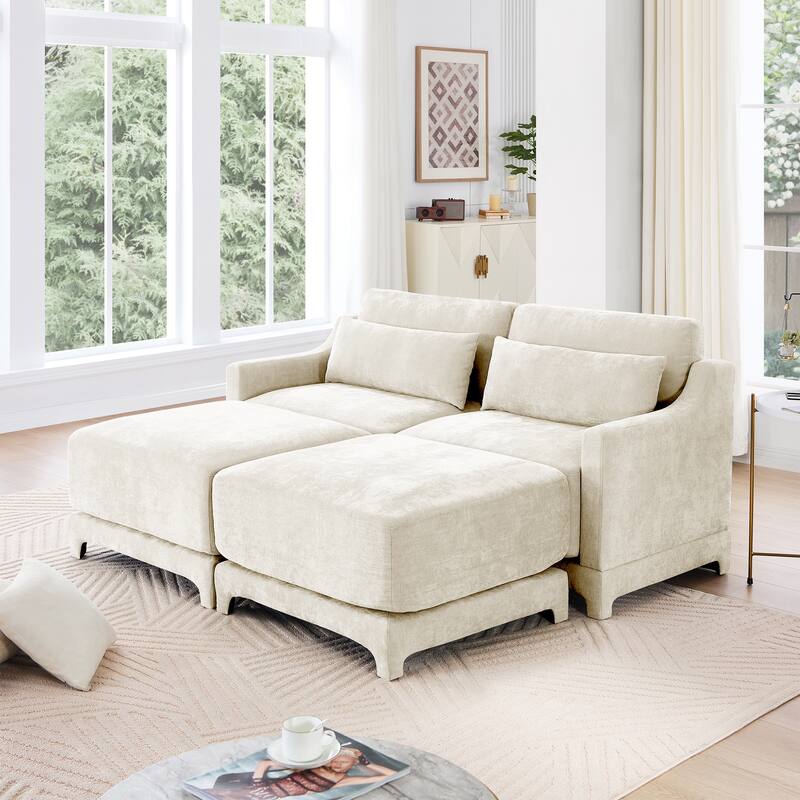 Modern Chenille Sectional Sofa with Lumbar Pillows for Living Rooms,Easy install - Beige+2 Seaters with 2 Ottomans