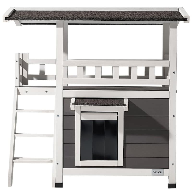 Outdoor Wooden Cat House with Balcony and Waterproof Roof Elevated Shelter for Sunbathing
