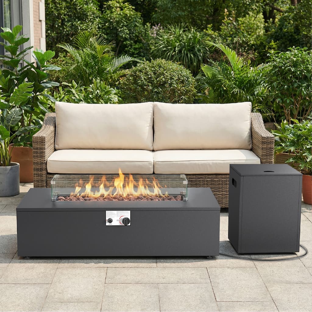 Meyreso Black Metal 43 in. Rectangular Outdoor Fire Pit Table 2-Piece Set with Side Table