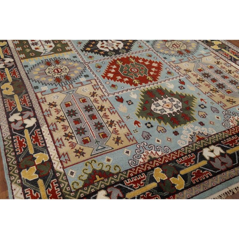 Light Blue Geometric Kazak Indian Area Rug Hand-Knotted Wool Carpet - 8'0"x 10'2"