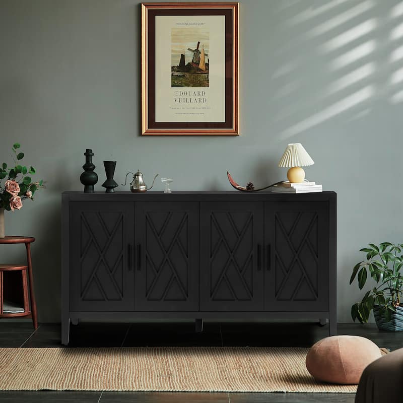 Vintage Style 4-Door Buffet Cabinet with Lacquered Accent Storage