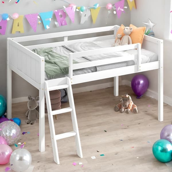 slide 2 of 14, Modern Twin Size Wood Low Loft Bed With Convertible Ladder Can Be Placed On The Left Or Right for Bedroom White