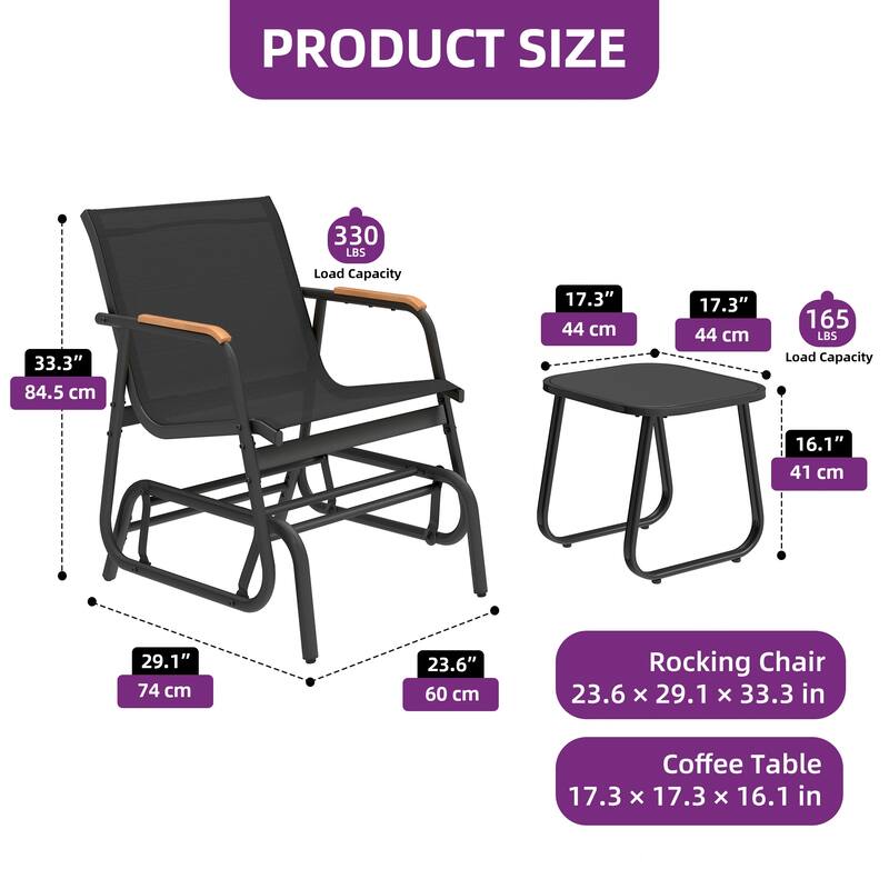 Moasis 3pcs Textline Patio Bistro Set Glider Chair with Coffee Table Tempered Glass