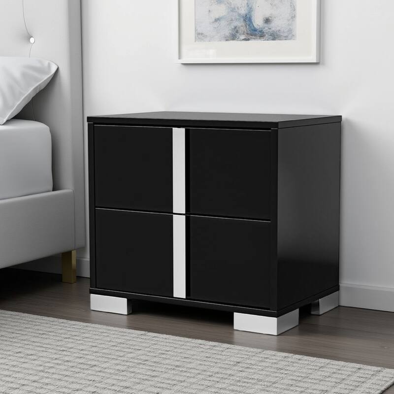 Suni Nightstand, Piano Black Wood with UV Finish, 2 Drawers, 24 Inch