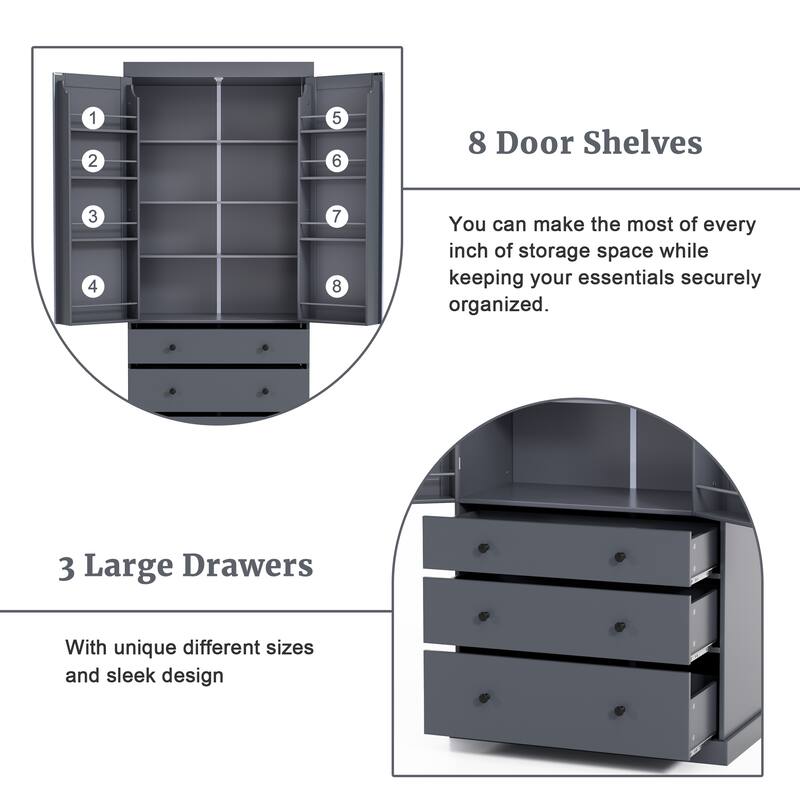 Kitchen Pantry Cabinet with 8 Doors Shelves, Wood Storage Cabinet with 3 Storage Drawers, Cupboard with Adjustable Shelves