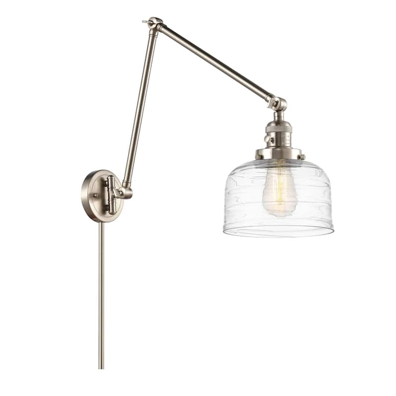 Innovations Lighting Bell - 1 Light 8" Double Extension Swing Arm - 8" Shade - Plug In or Hardwired - Clear Deco Swirl/Brushed Satin Nickel