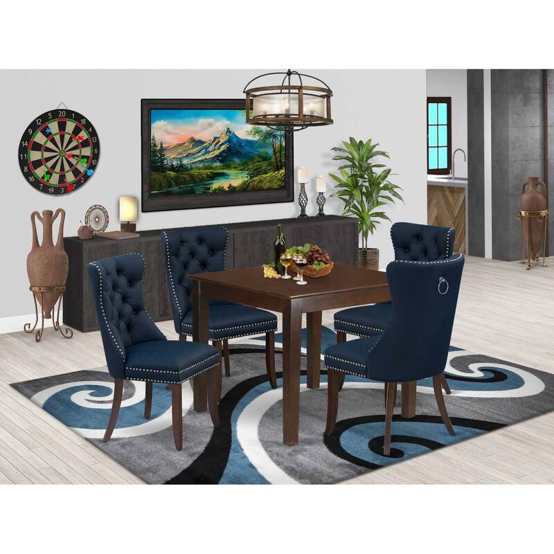 5-Piece Mahogany Finish Solid Wood Top - Square Upholstered Dining Room Set - Seats 4
