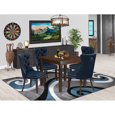 5-Piece Mahogany Finish Solid Wood Top - Square Upholstered Dining Room Set - Seats 4