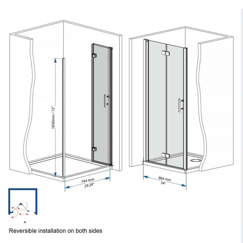 35-34 "x 72" Bifold Shower Door, 1/4"(6mm) Tempered Glass, Chrome Aluminum Frame, Explosion Proof Film