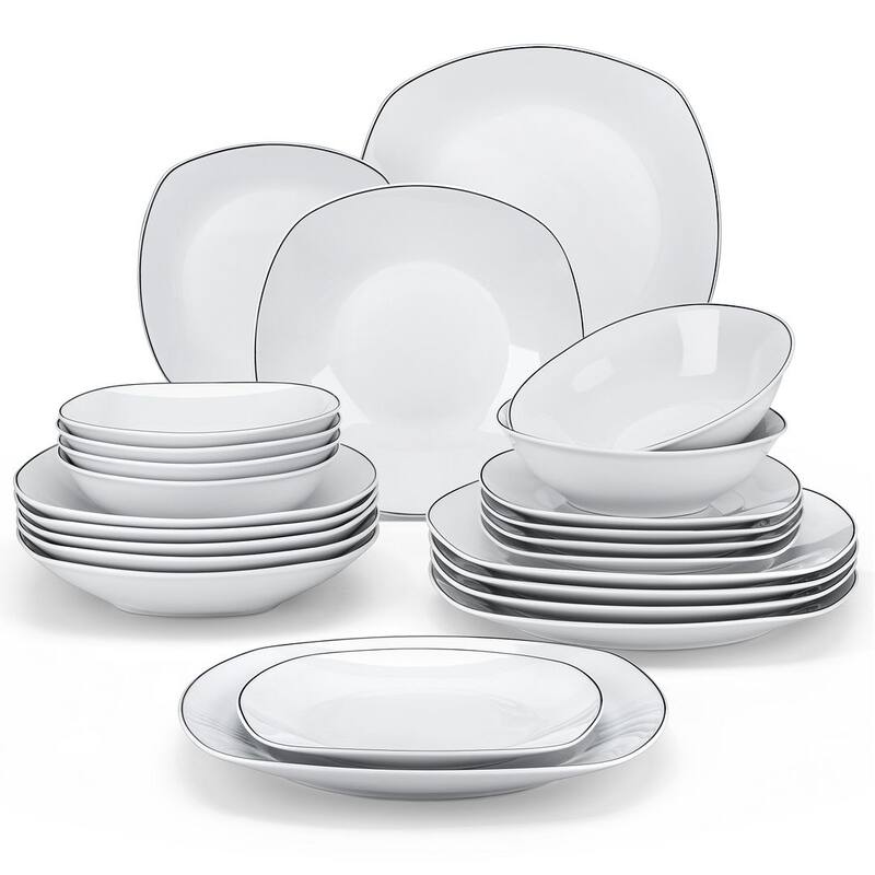 MALACASA Elisa Basic Porcelain Dinnerware Set (Service for 6) - Black Trim - 24 Piece