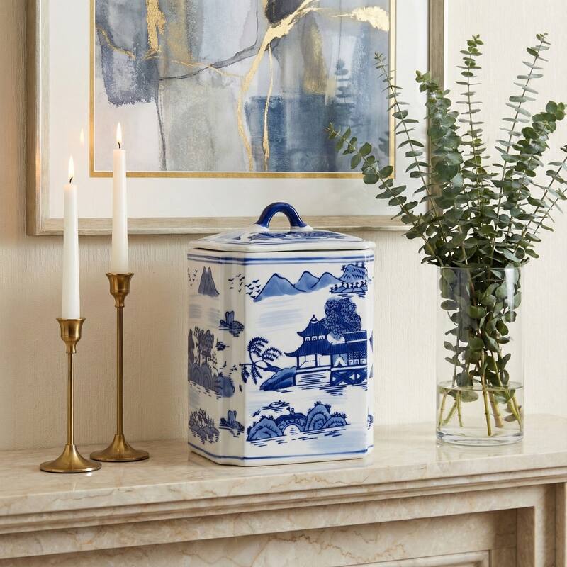 Rectangular Chinoiserie Ceramic Table Jar with Lid