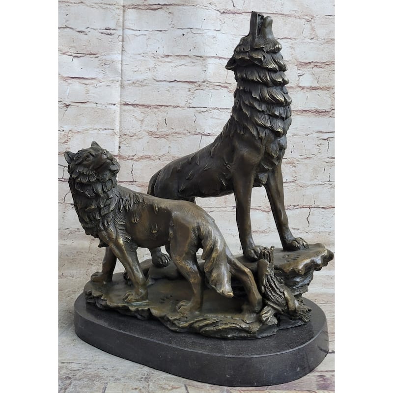 Signed Original Howling Imitative Wolf Bronze Sculpture Marble Base Statue Gift Decor Gift
