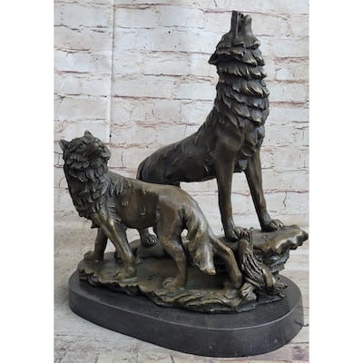 Signed Original Howling Imitative Wolf Bronze Sculpture Marble Base Statue Gift Decor Gift