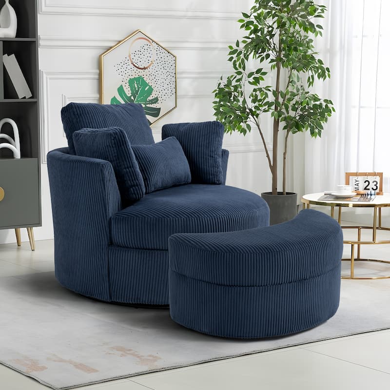 Chenille/Boucle Swivel Barrel Chair with Storage Ottoman - Chair Ottoman Set - BOUCLE/Navy/Set