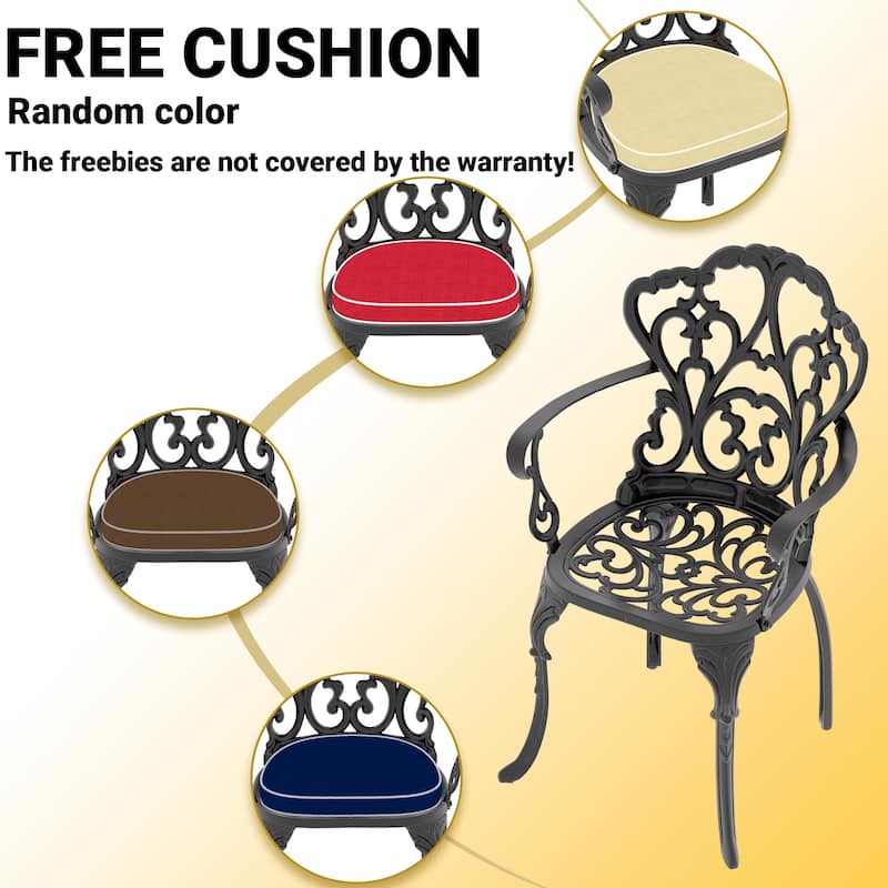 Black Cast Aluminum Patio Outdoor Dining Chairs with Seat Cushions
