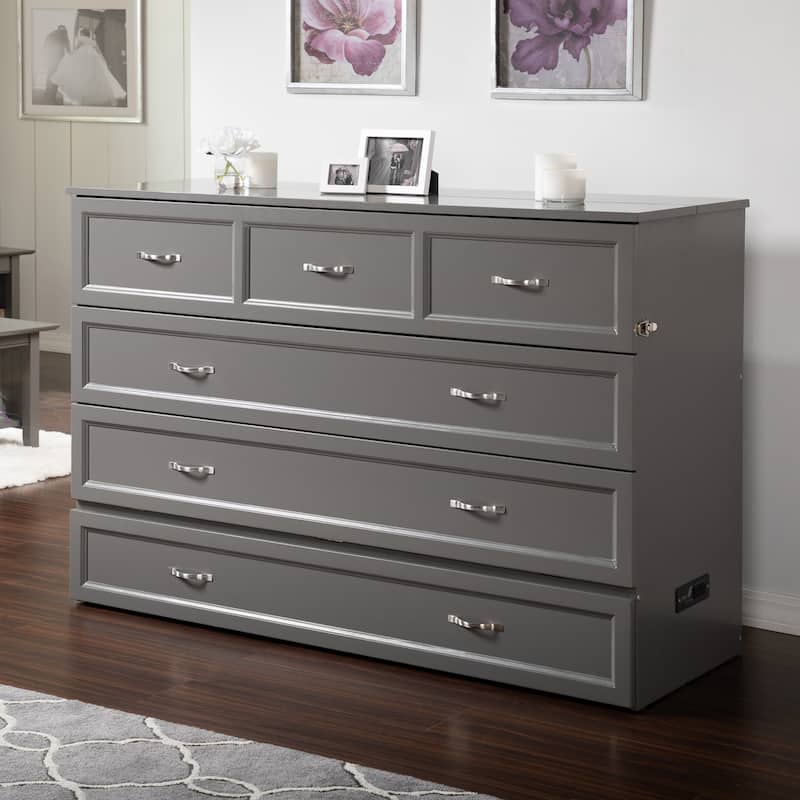 Deerfield Queen Murphy Bed Chest with 6" Mattress, Storage Drawer & Built-In Charger in Grey