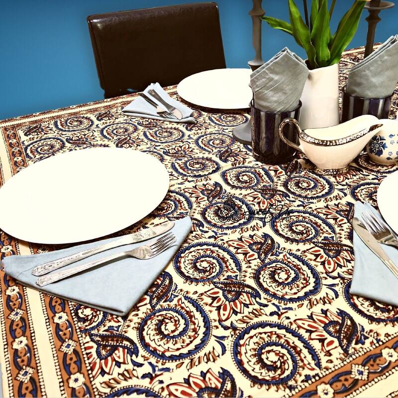 Earthy Spiral Floral Block Print Cotton Tablecloth Collection