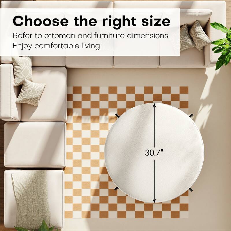 Chenille Fabric Round Ottoman, Coffee Table Bench with Metal Legs